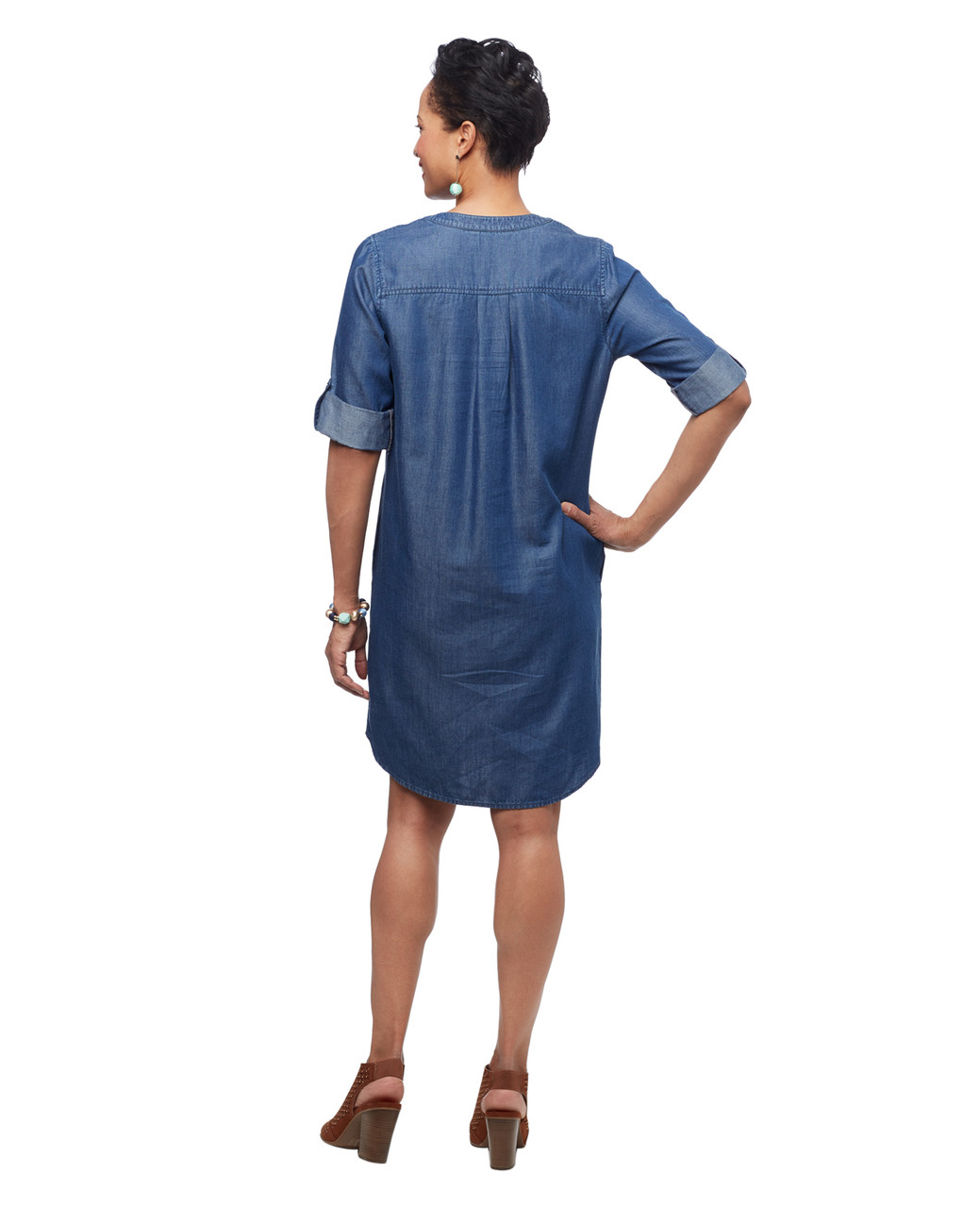 Women's medium wash blue chambray mid length lace up dress with three quarter length sleeves