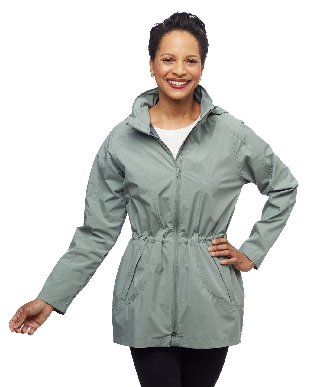 Women's moss green mixed media hidden hooded spring jacket.