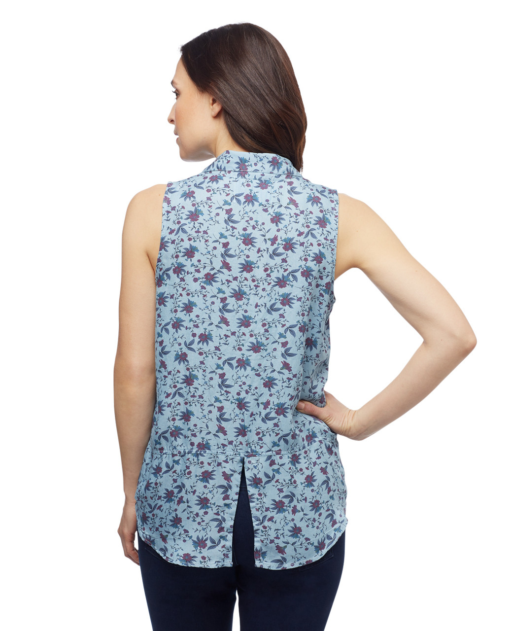 Women's Point Zero light wash chambray floral sleeveless blouse