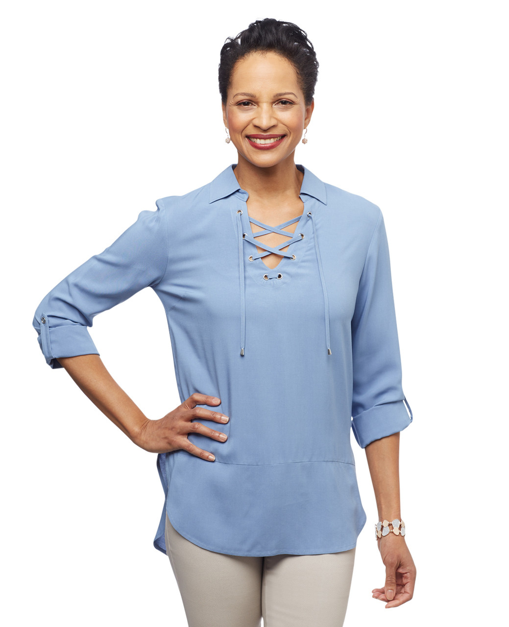 Women's pure blue collared lace up Point Zero tunic