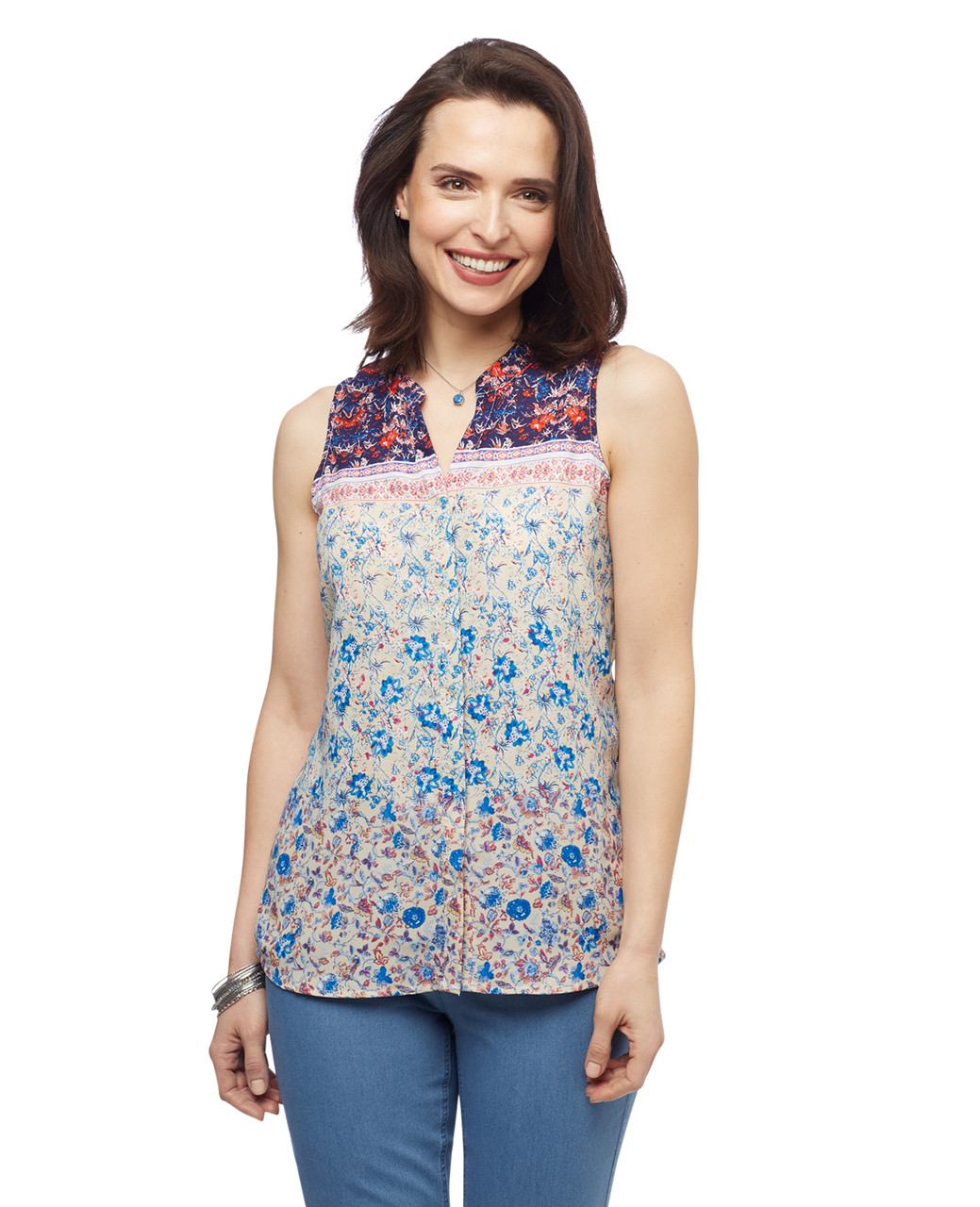 Women's navy floral mixed media sleeveless Point Zero blouse