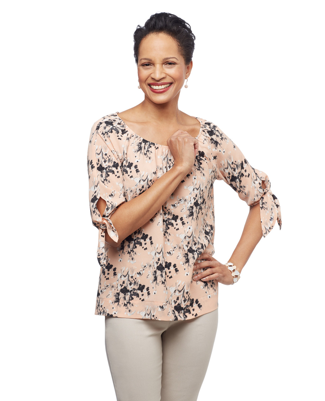 Women's peach floral Amanda Green tie bell sleeve top