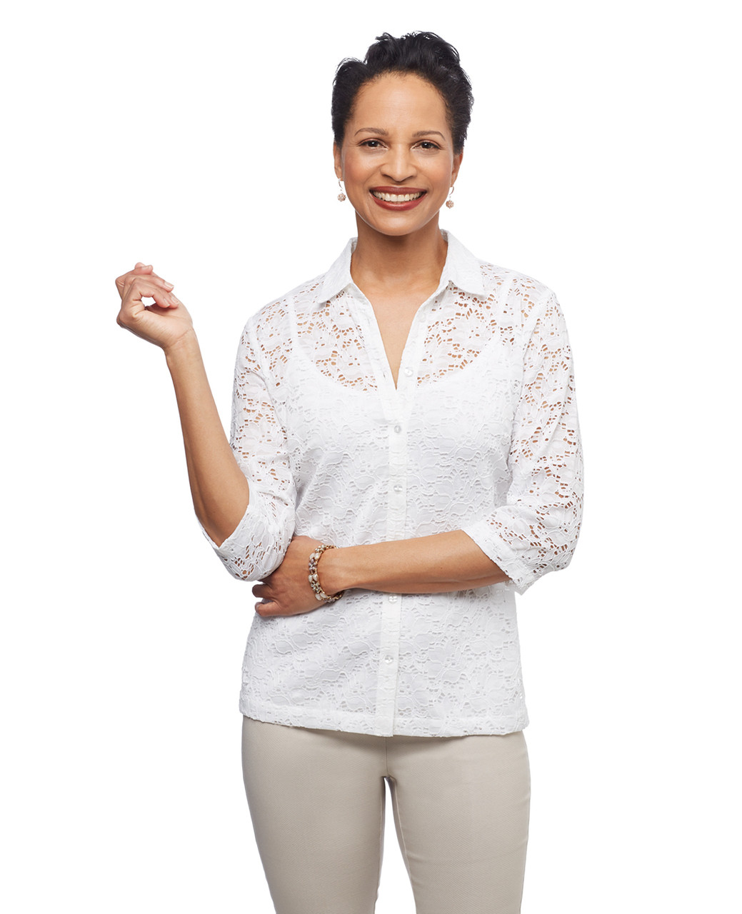Women's white lace button up top