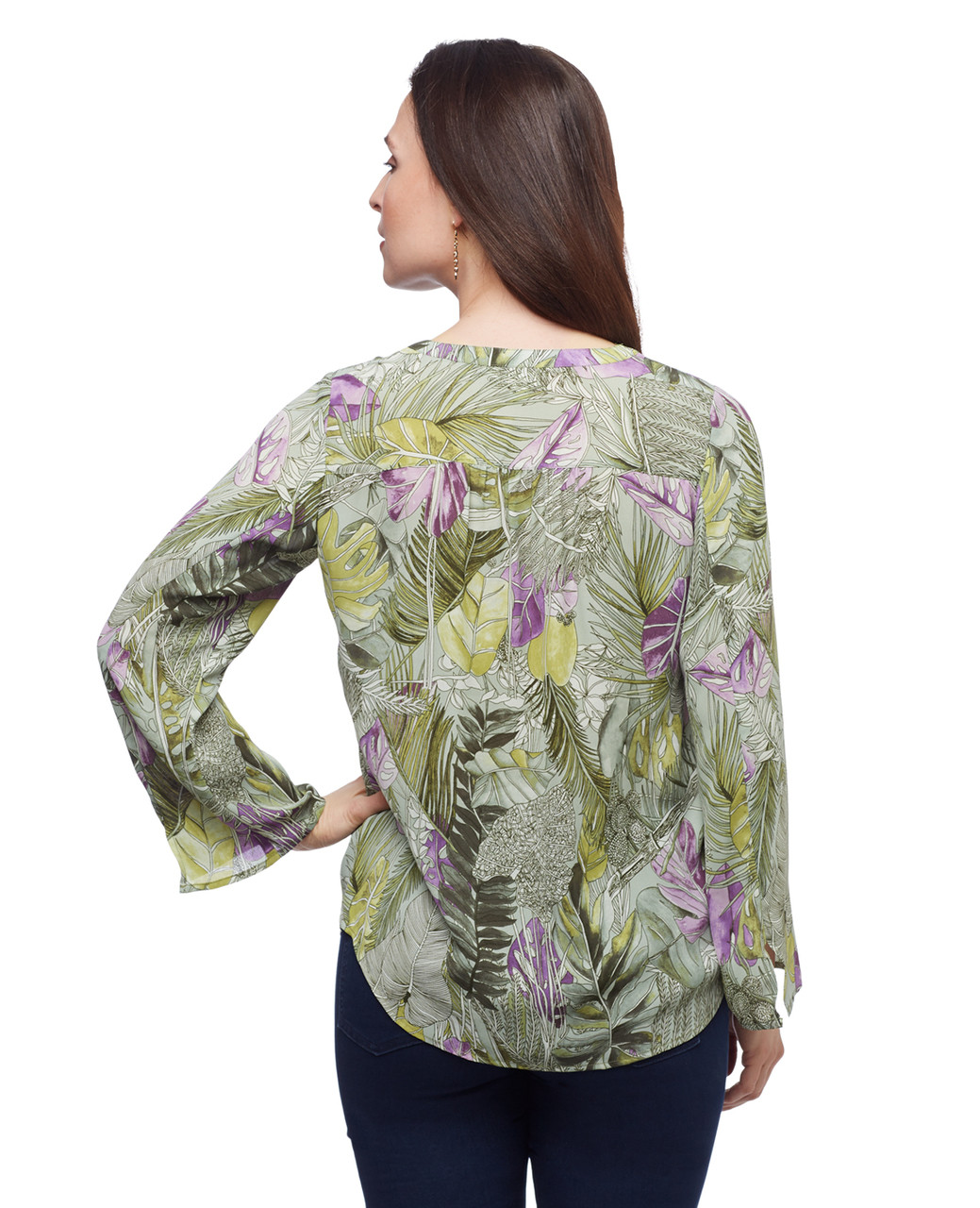 Women's sage green petite palm leaf printed bell sleeves spring top