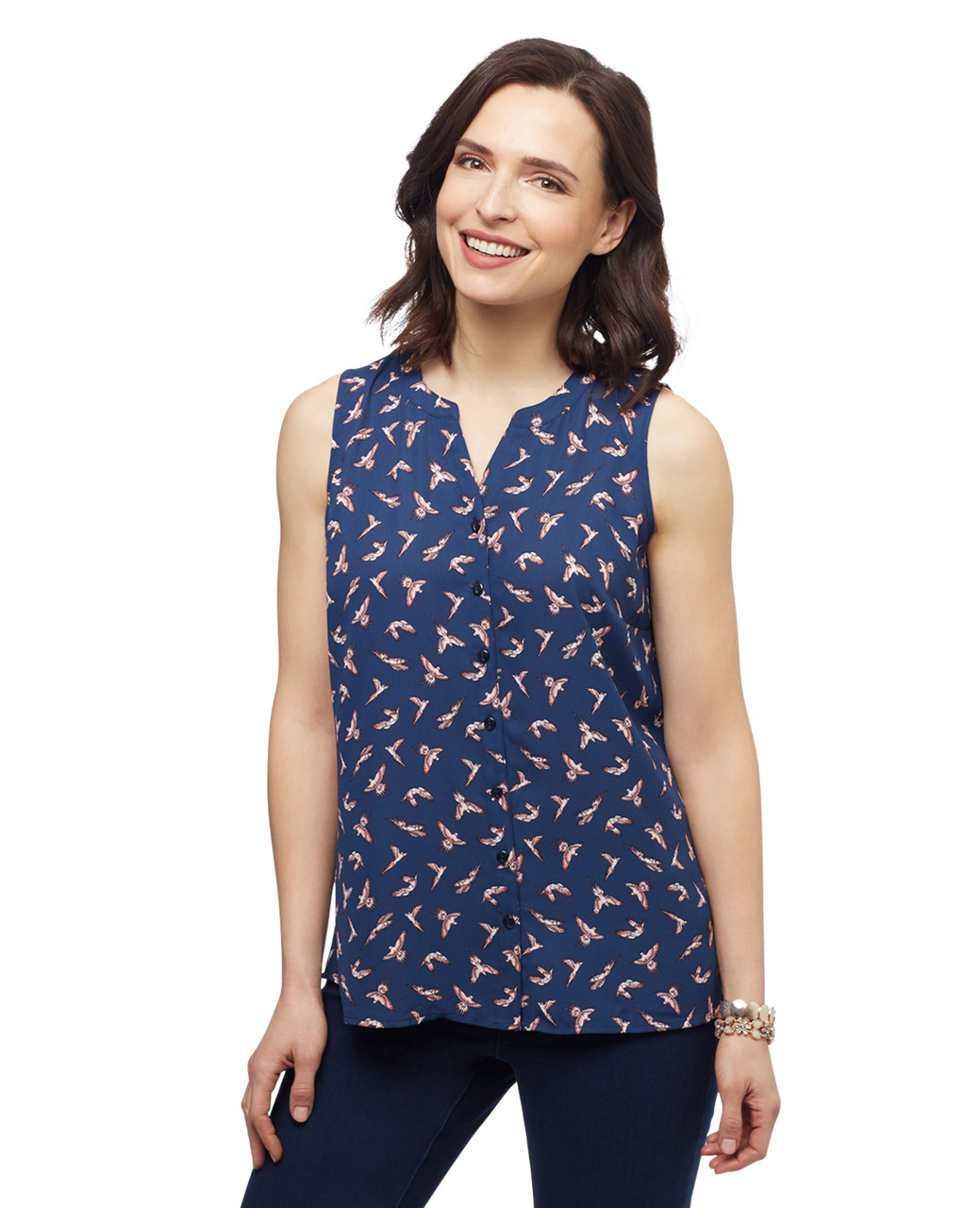 Women's marine navy all over birds print button up sleeveless blouse