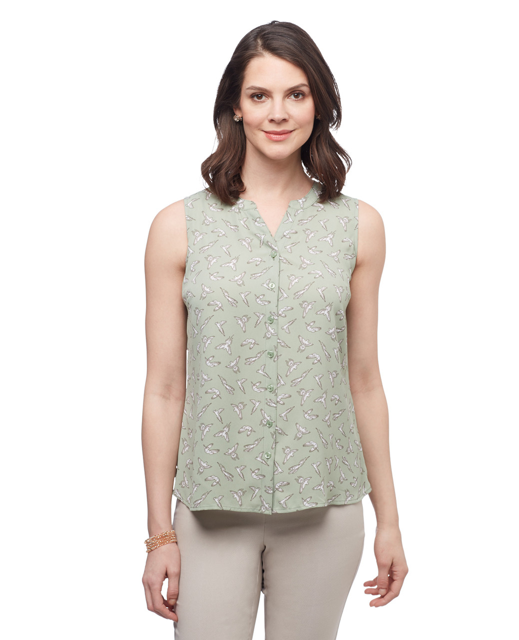 Women's sage green petite all over birds print sleeveless blouse