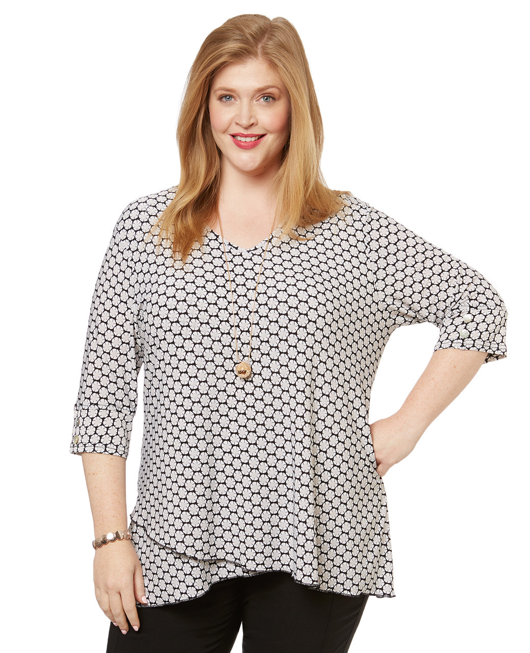 Women's white printed v neck three quarter sleeve tunic