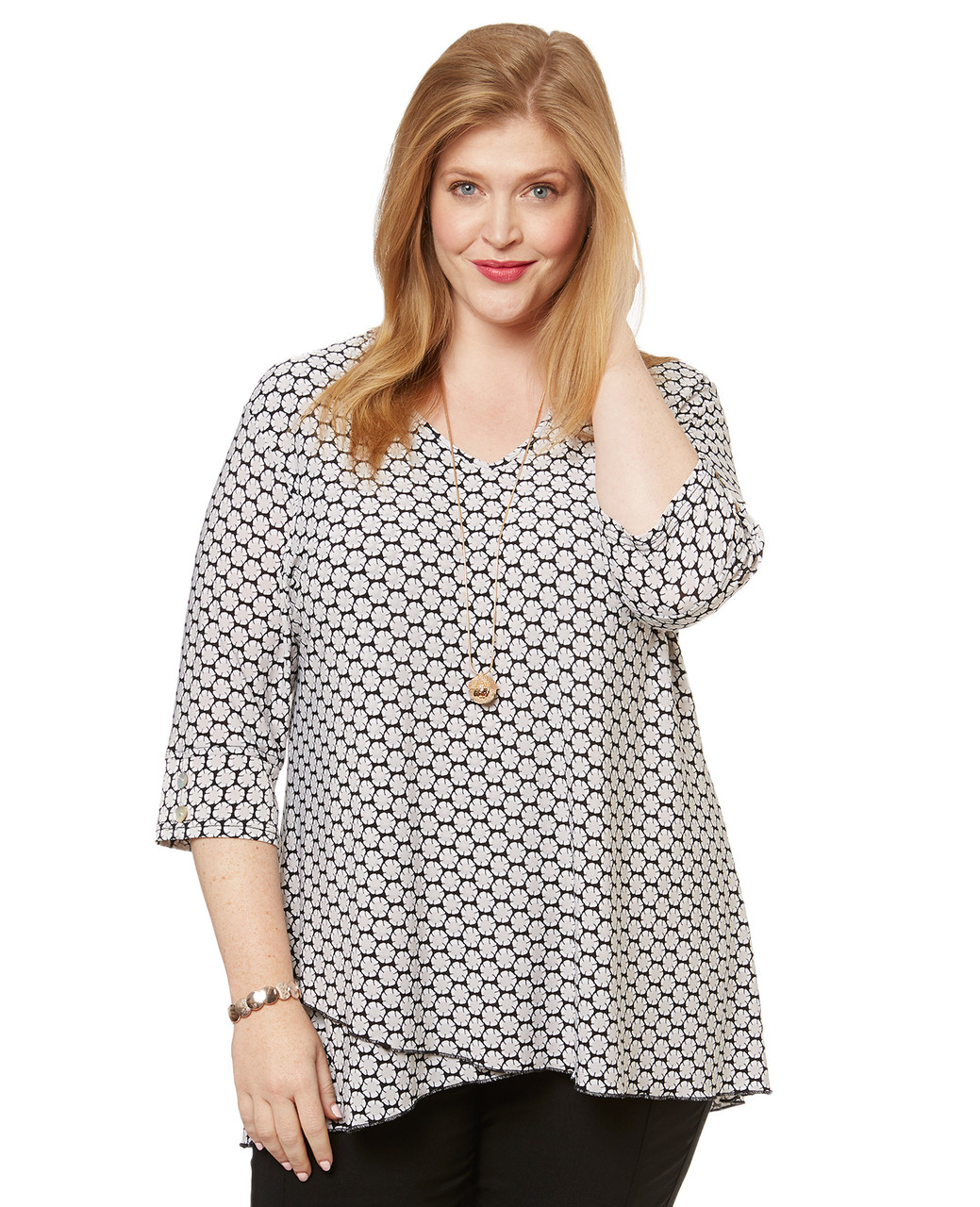 Women's white printed v neck three quarter sleeve tunic