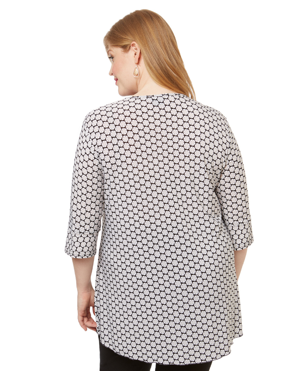 Women's white printed v neck three quarter sleeve tunic