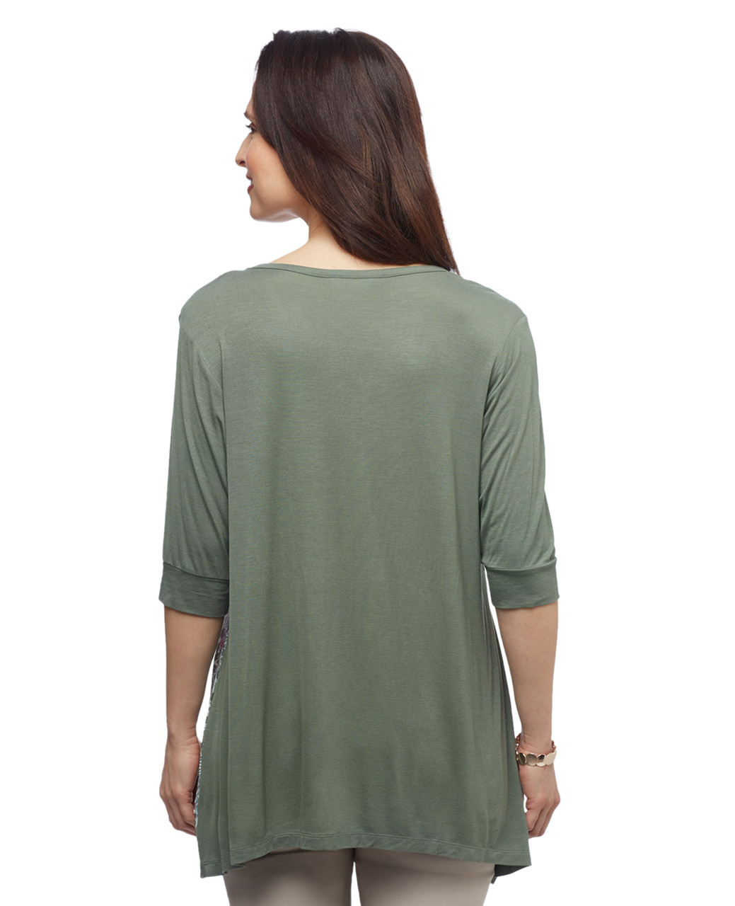Women's moss green palm leaf printed sharkbite tunic tee