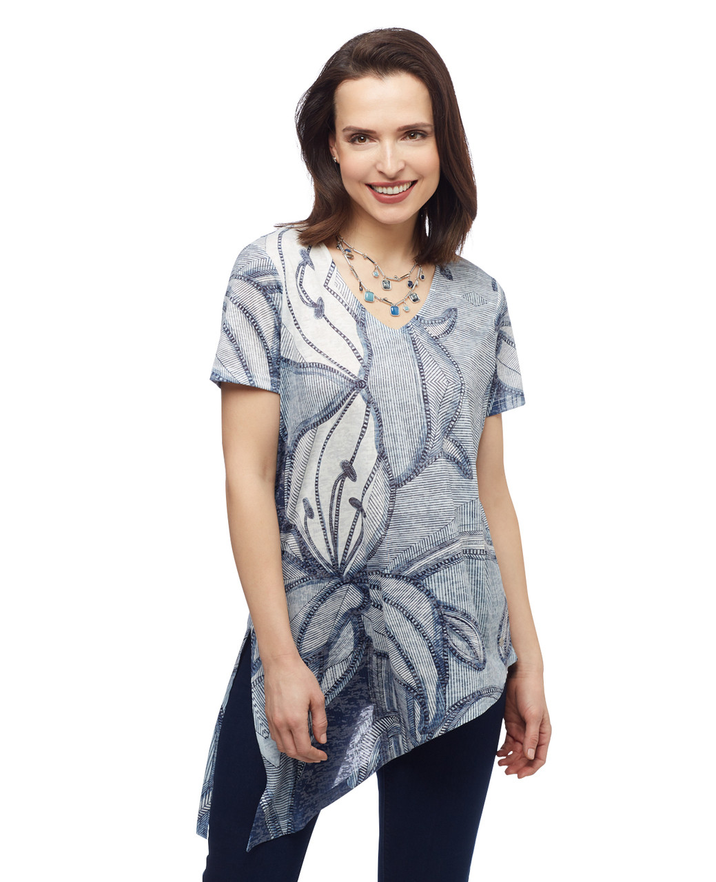 Women's asymmetrical marine navy blue V neck sublimation sharkbite tunic