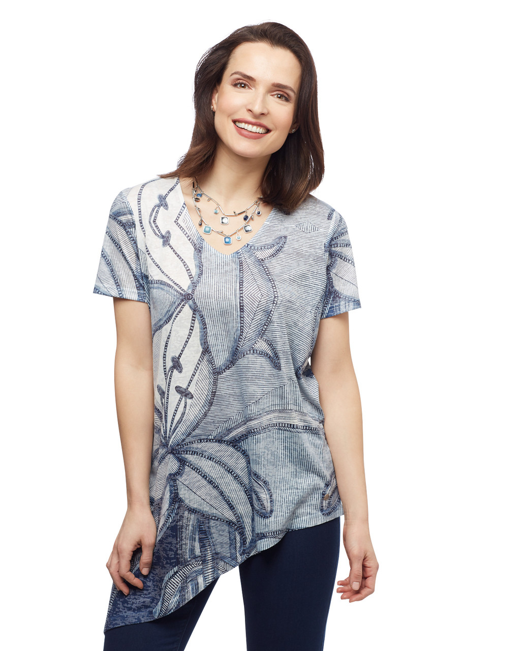 Women's asymmetrical marine navy blue V neck sublimation sharkbite tunic