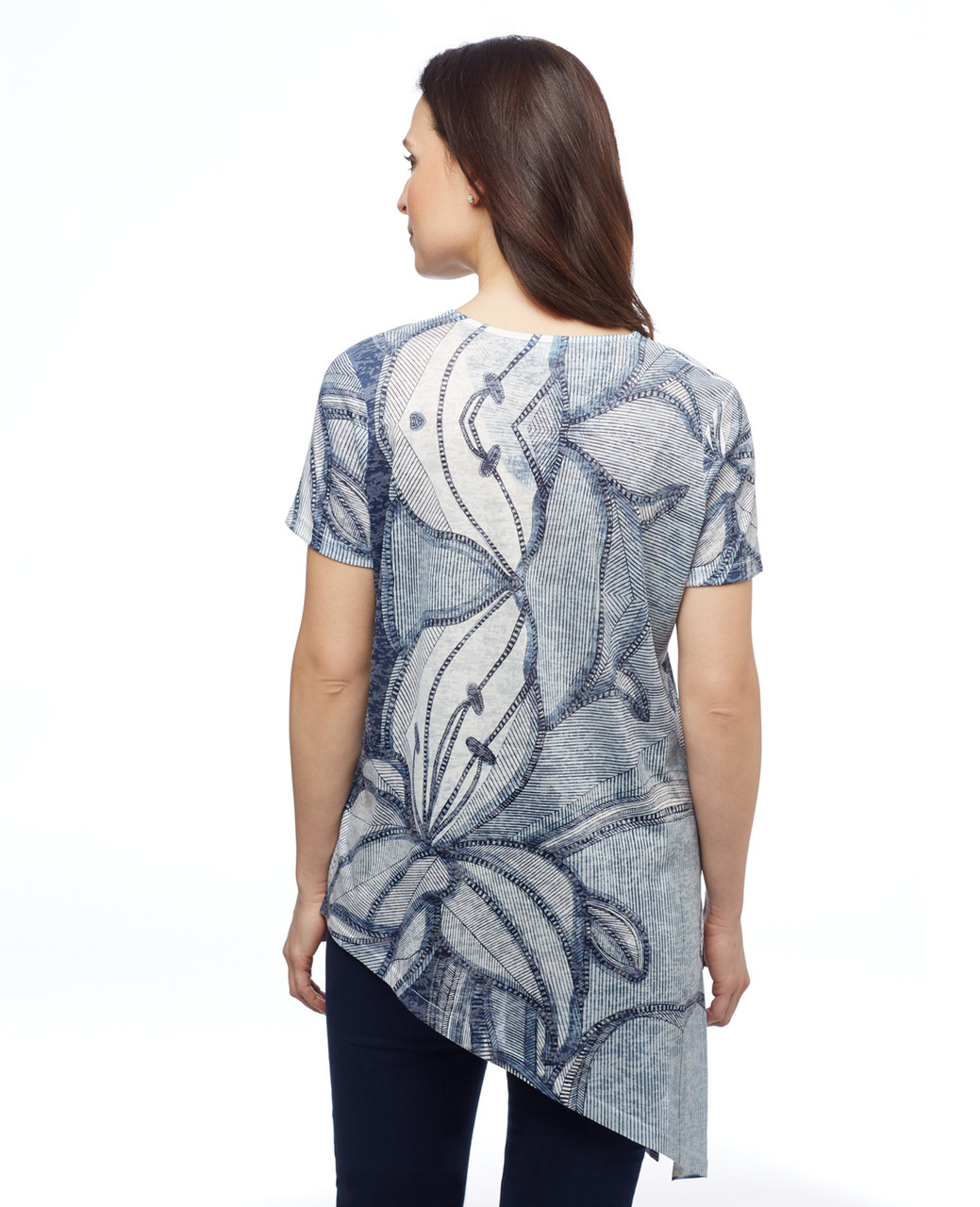 Women's asymmetrical marine navy blue V neck sublimation sharkbite tunic