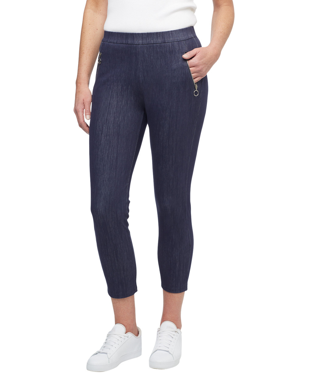 Women's navy pull on ankle dress pants with zipper pockets
