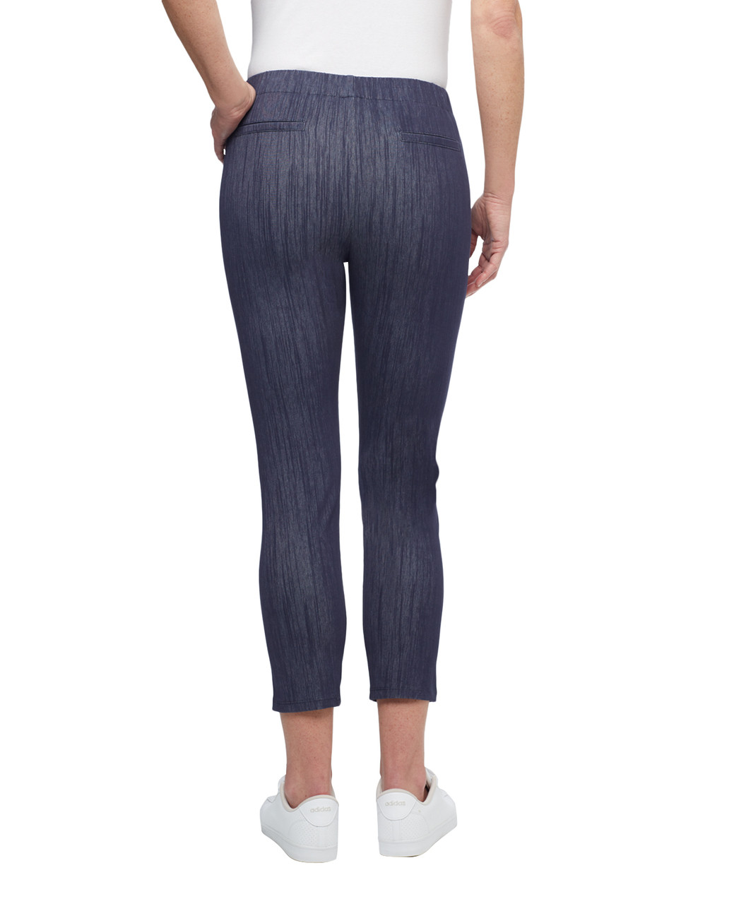 Women's navy pull on ankle dress pants with zipper pockets