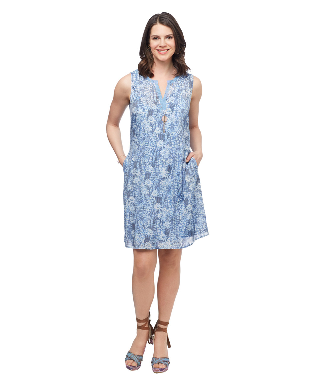 Women's floral sleeveless spring dress with lace neckline
