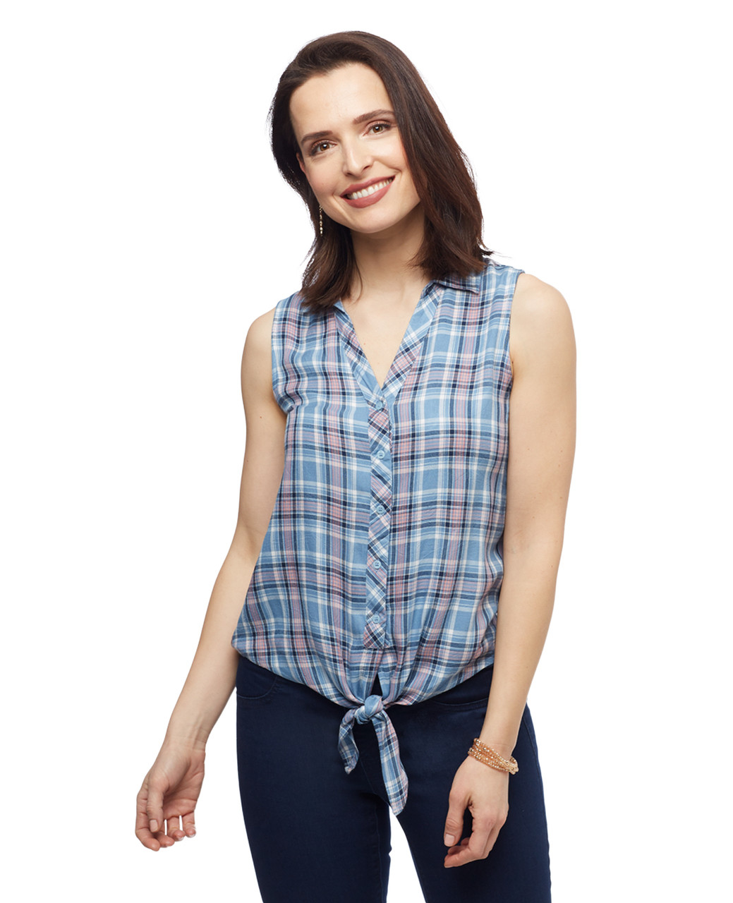 Women's sleeveless button up spring shirt with tie front from the Point Zero collection