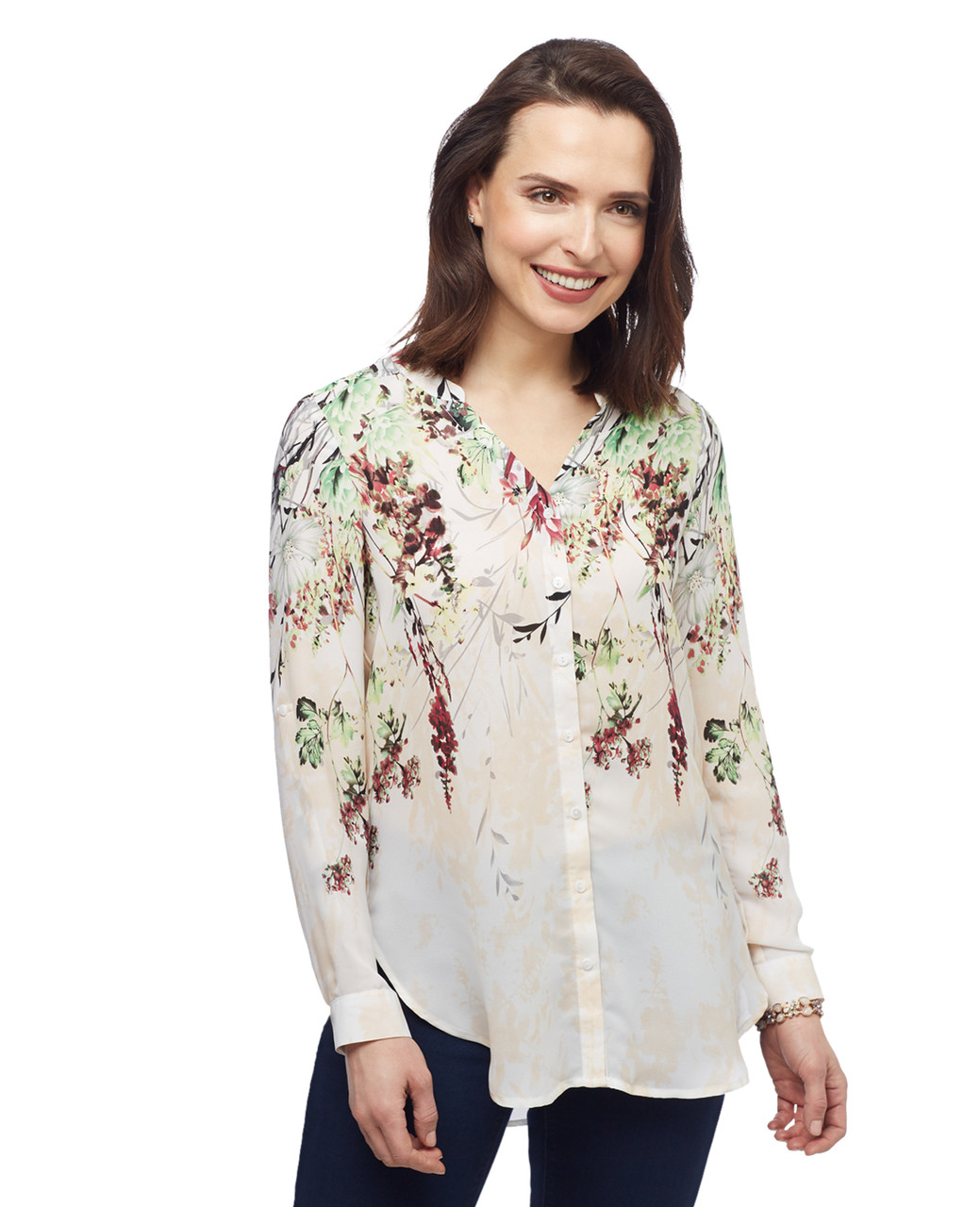 Women's floral printed button up long sleeve shirt from the Amanda Green collection