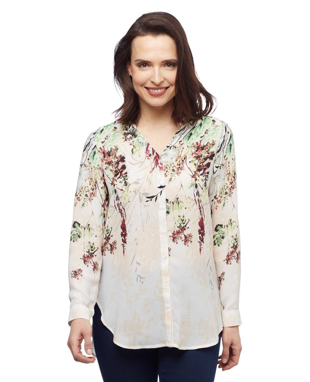 Women's floral printed button up long sleeve shirt from the Amanda Green collection