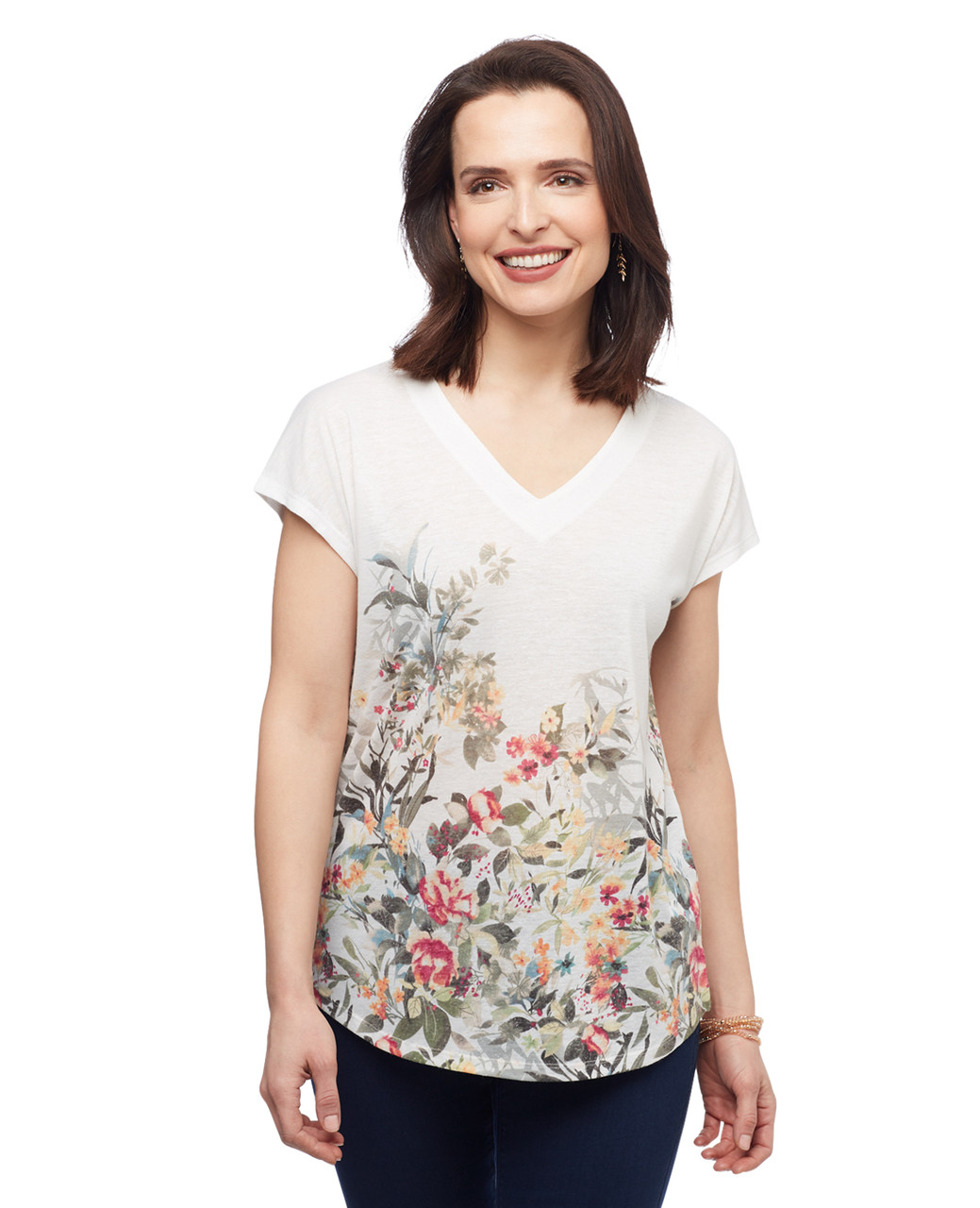 Women's vanilla floral drop shoulder v neck printed blouse from the Amanda Green collection