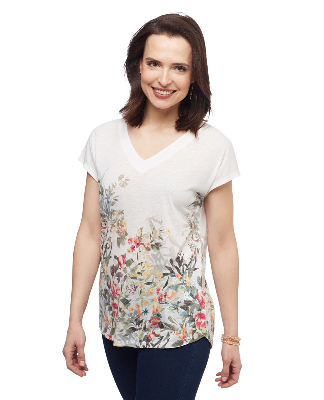Women's vanilla floral drop shoulder v neck printed blouse from the Amanda Green collection