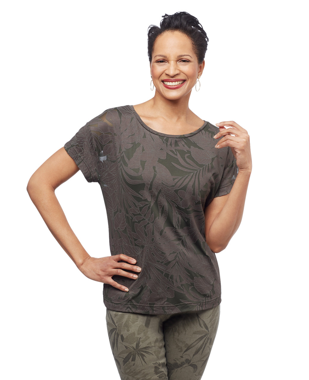 Women's tropical green palm leaf burn out tee from the Amanda Green collection
