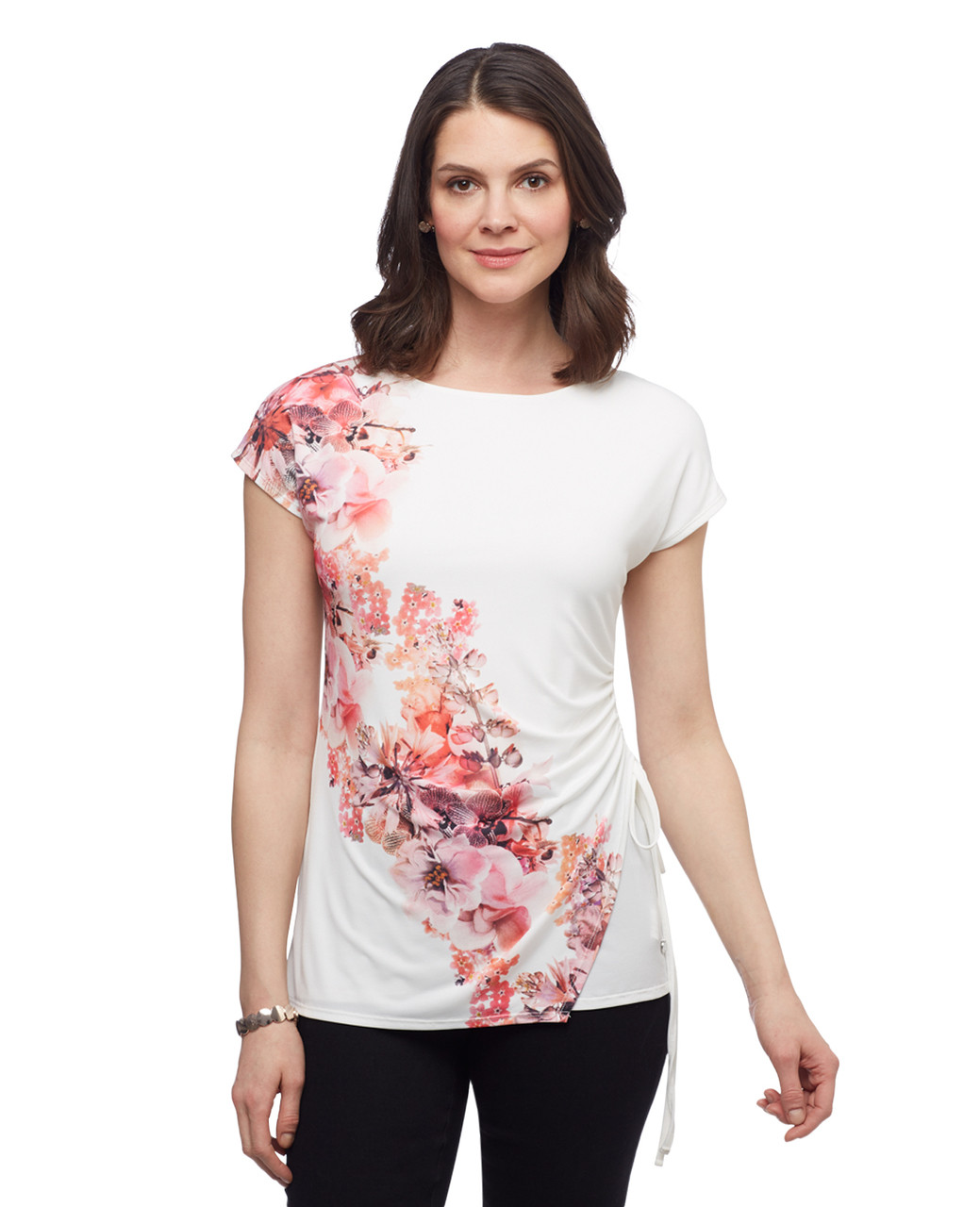 Women's short sleeve floral top with side tie from the Point Zero collection