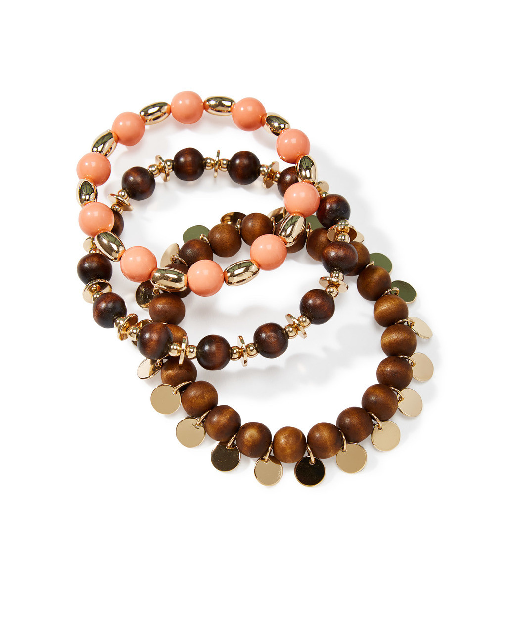 Women's matching three-bracelet set mixing wooden, peach, and gold beads.