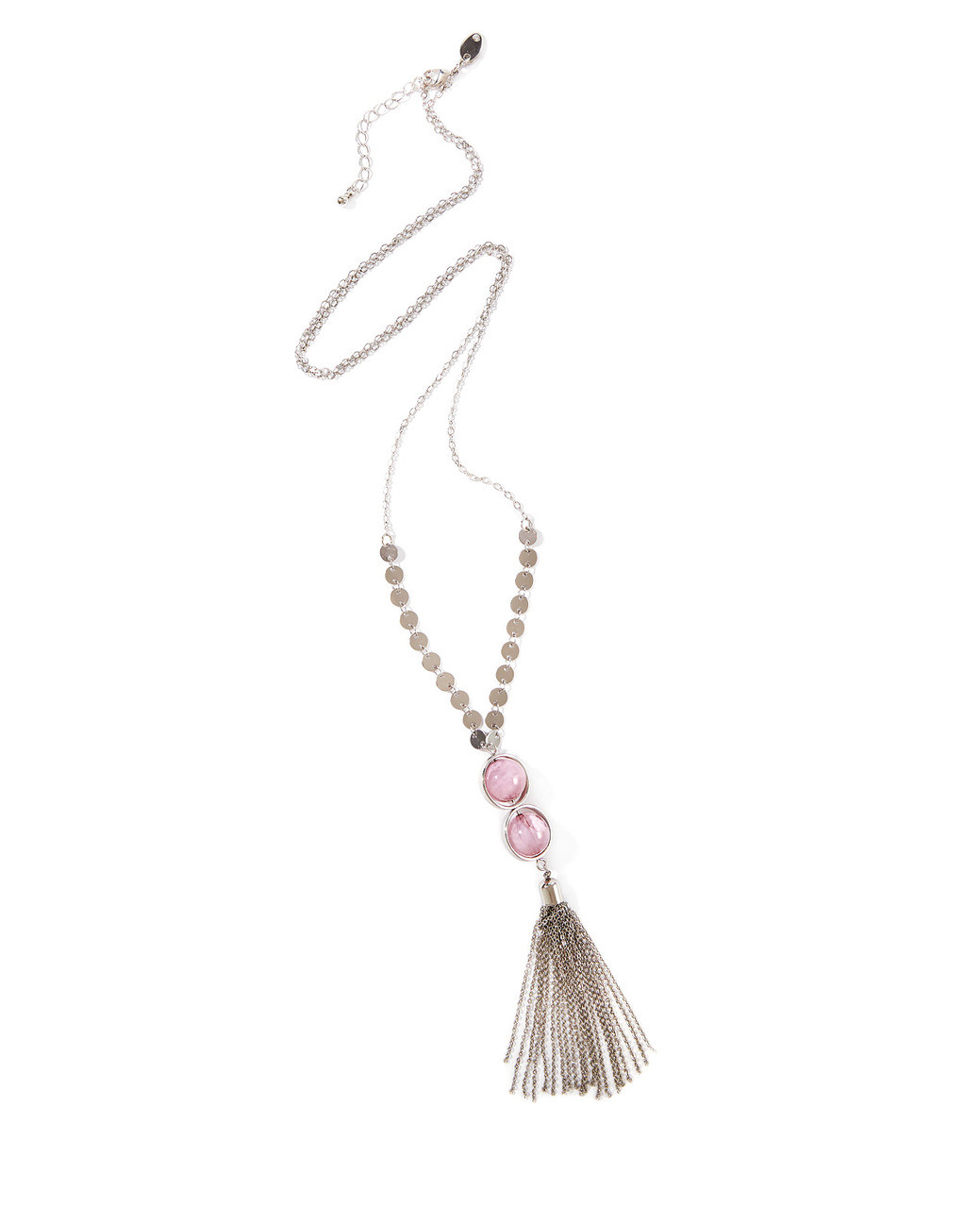 Women's long silver necklace with round silver beads, pink marble stones, and a tassel.