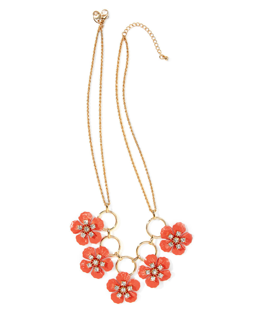 Women's double gold chain statement necklace with coral flowers including rhinestones.