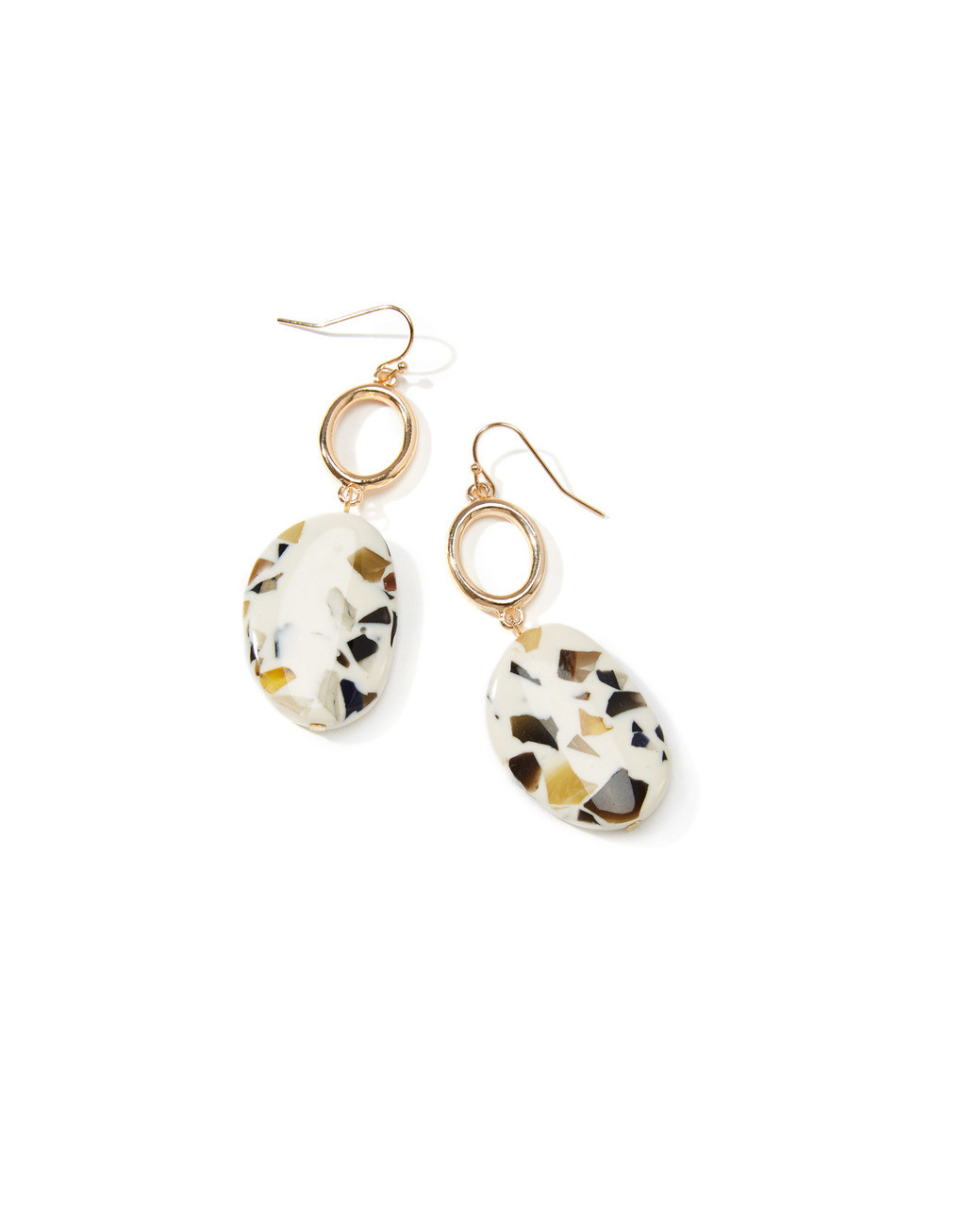 Women's cream composite stone drop earrings in an oval shape, with gold fastening.