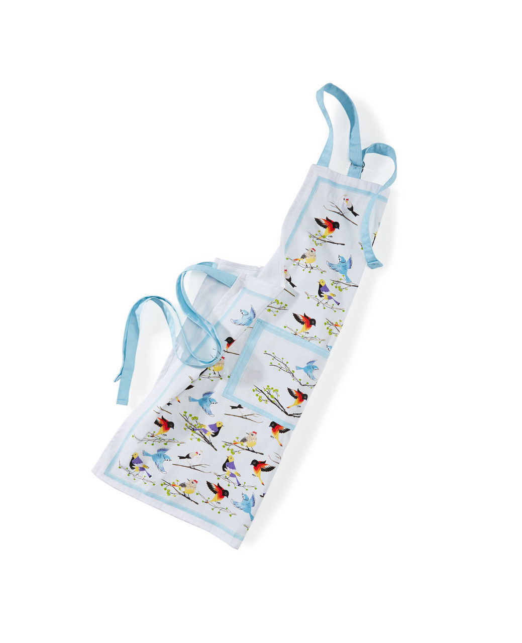 White and blue apron with colourful bird prints on it.