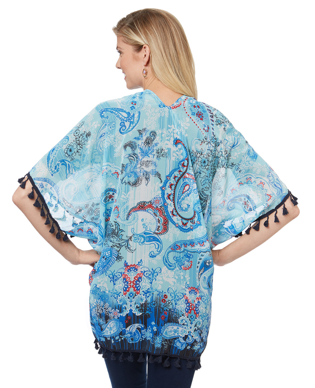 Women's blue paisley flower print kimono top for summer.