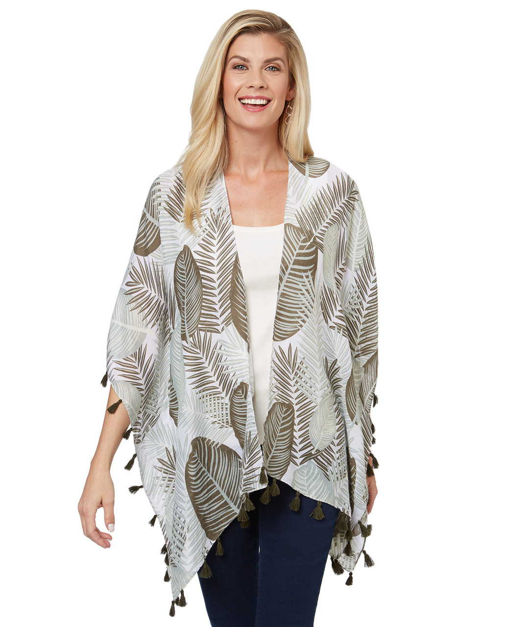 Women's green tropical print kimono top for summer.