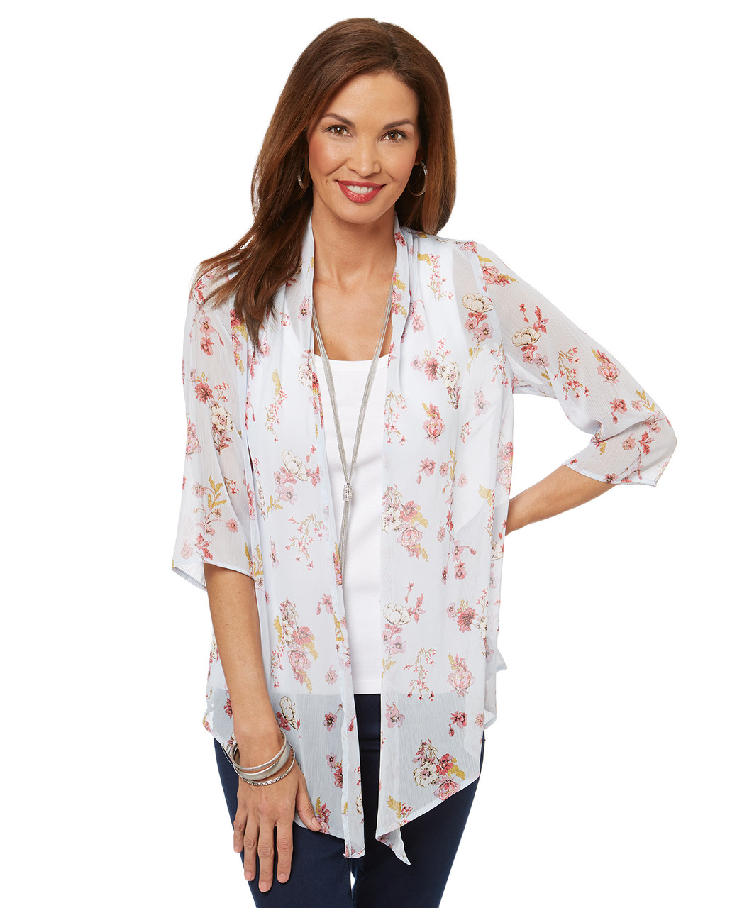 Women's loose-fitting elbow sleeve floral kimono top.