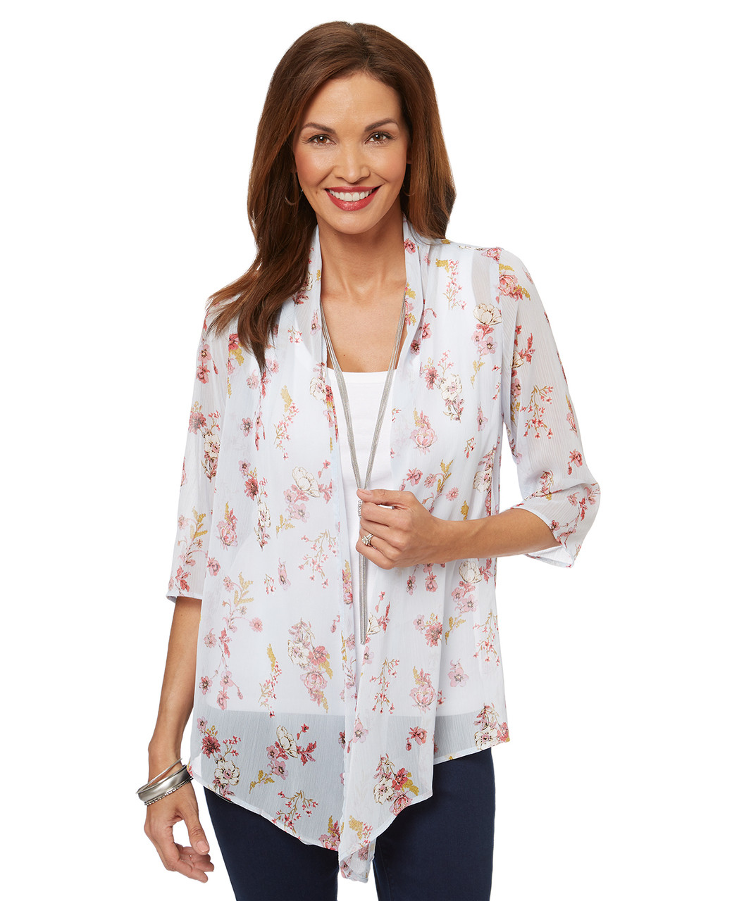 Women's loose-fitting elbow sleeve floral kimono top.