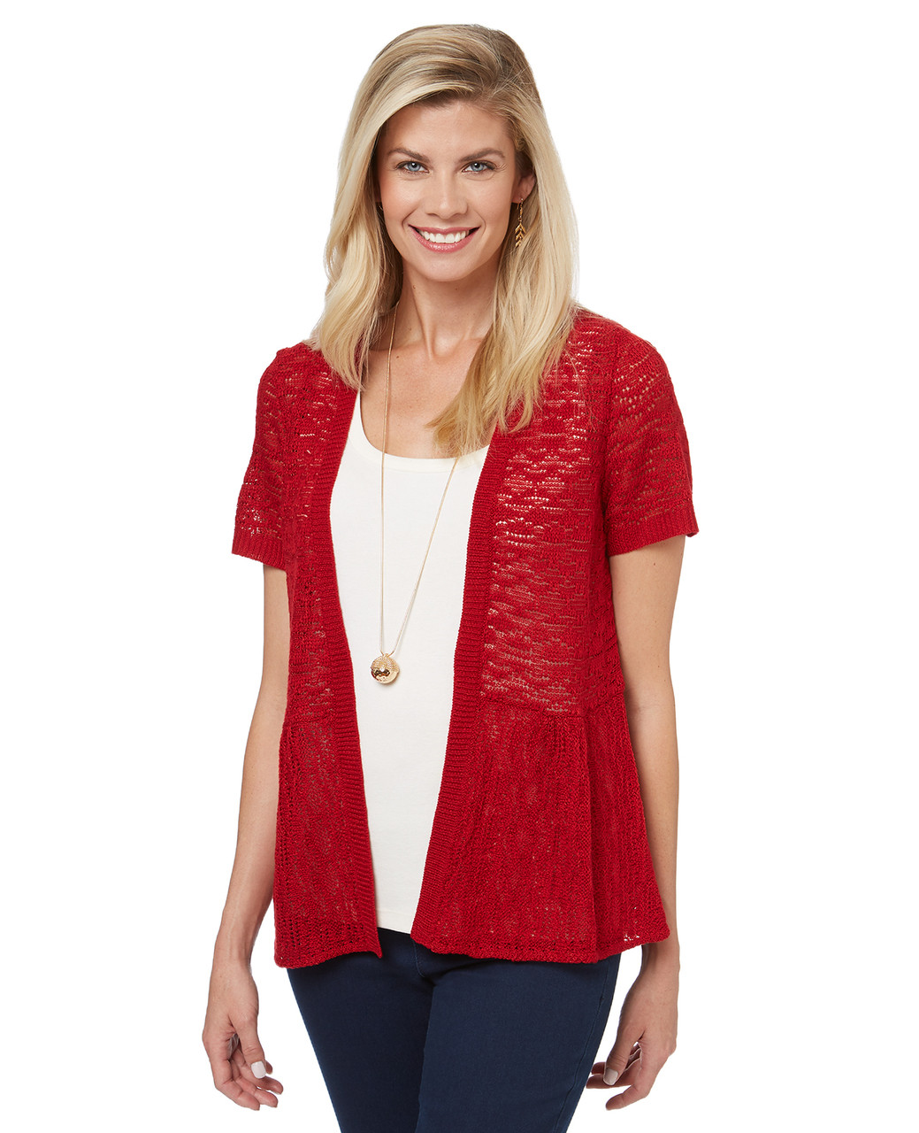 Women's open front cardigan sweater with a peplum silhouette and short sleeves.