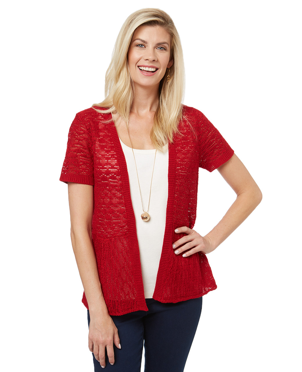 Women's open front cardigan sweater with a peplum silhouette and short sleeves.