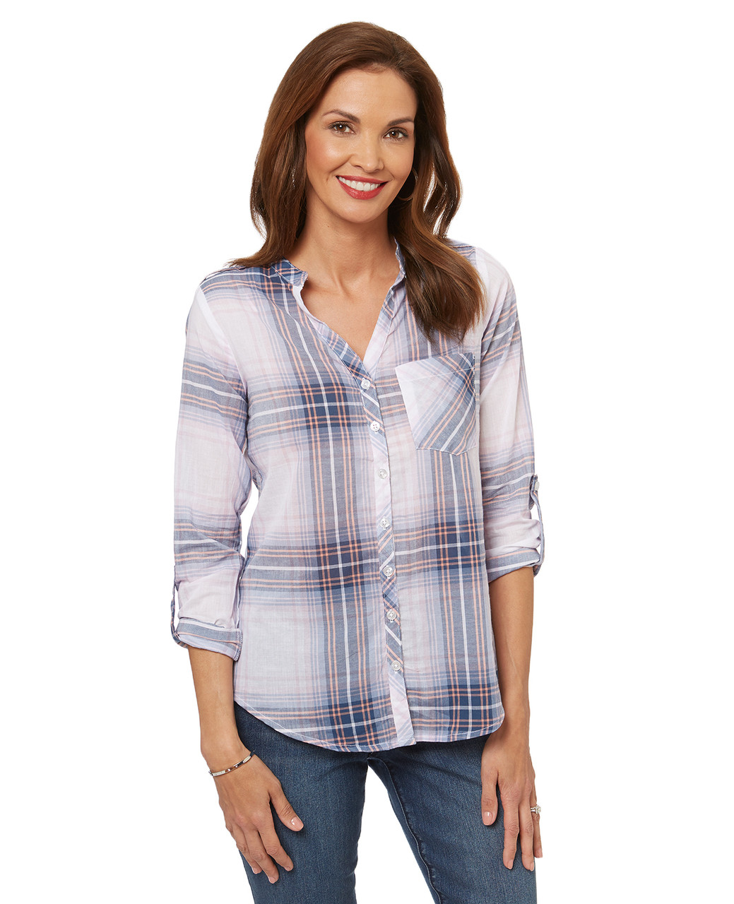 Women's blue plaid t shirt blouse.