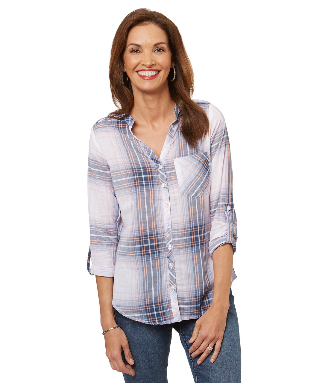 Women's blue plaid t shirt blouse.