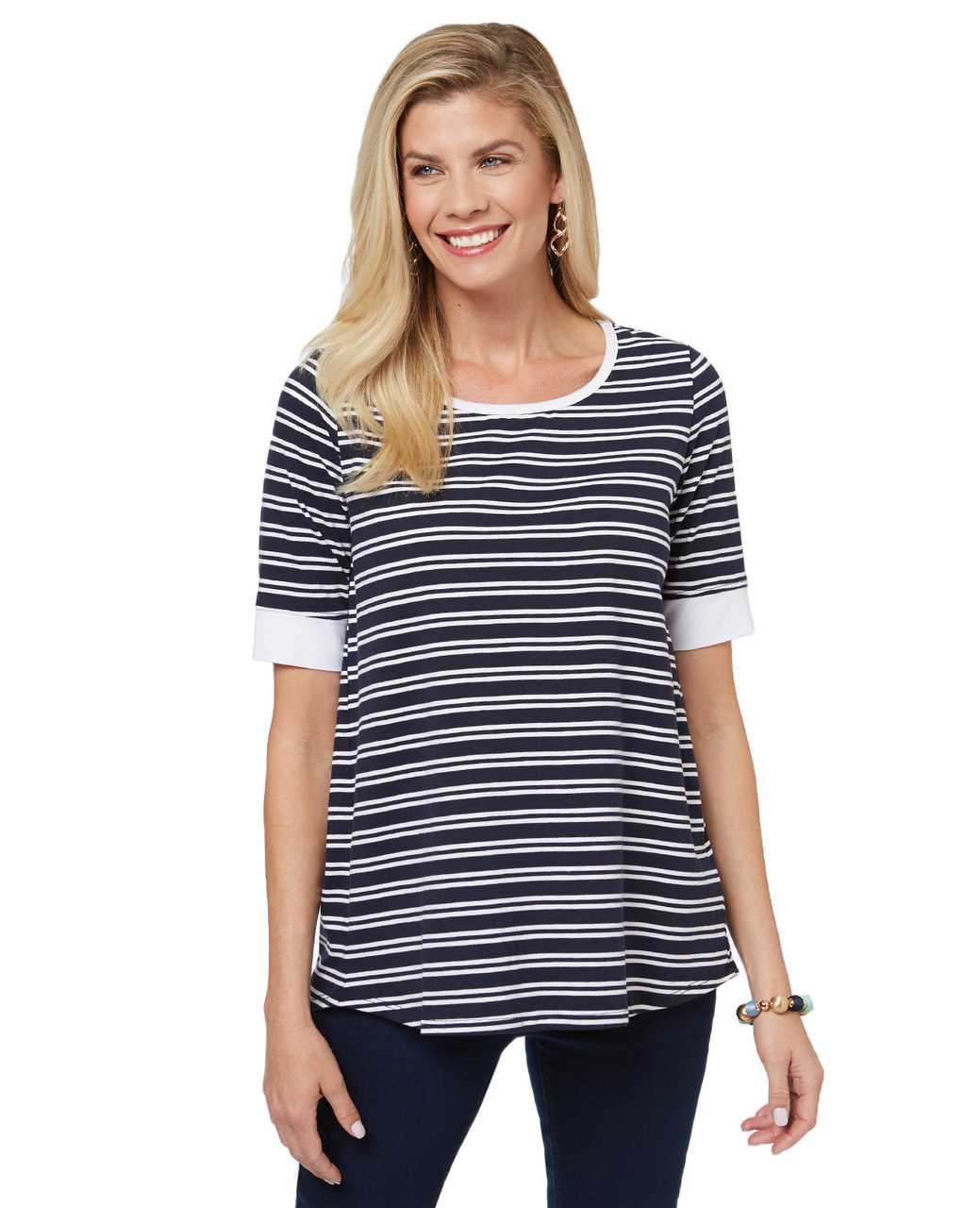 Women's striped t shirt with a lace up back detail.