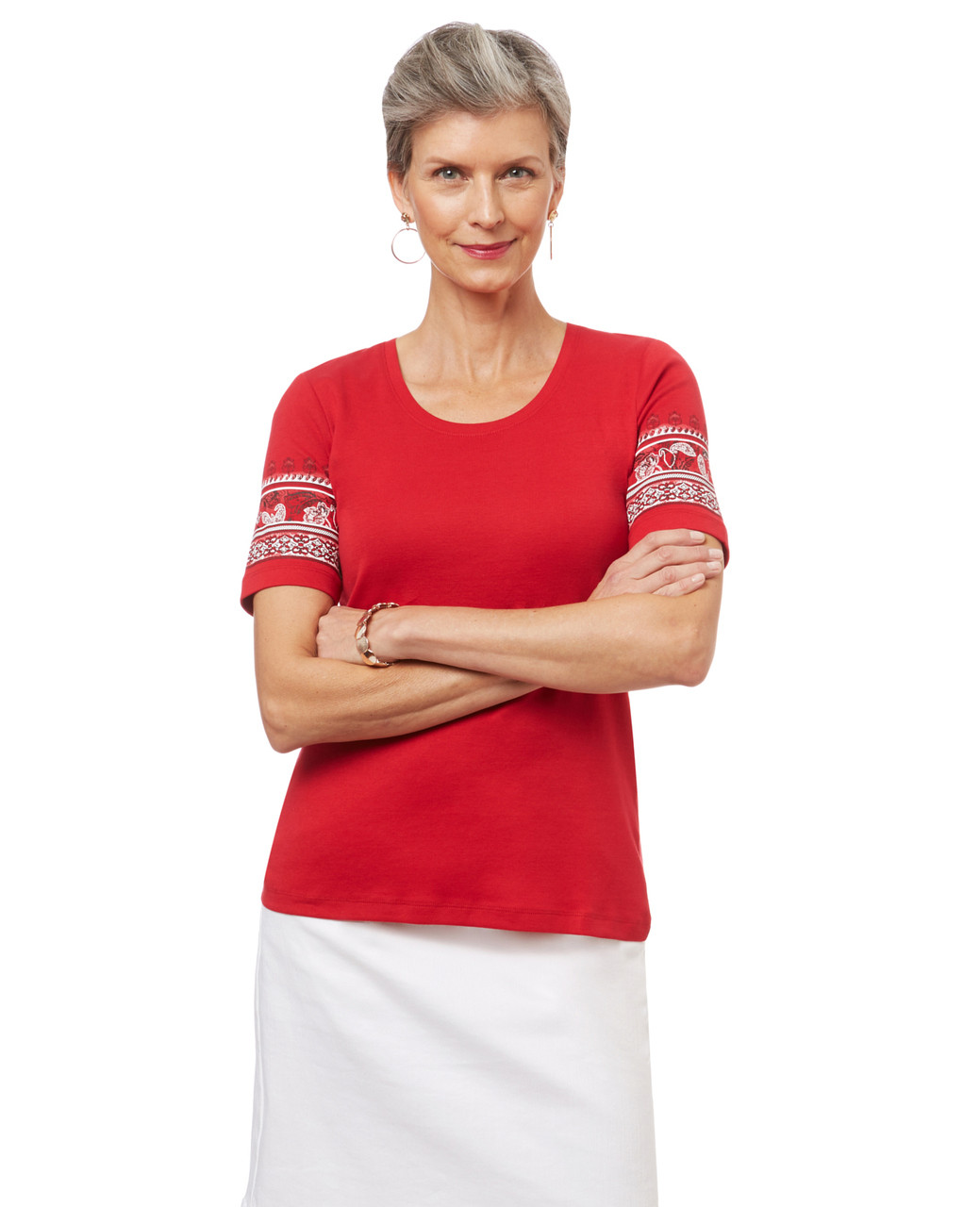 Women's scoop neck graphic t-shirt.