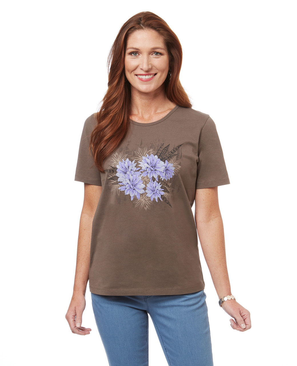 Women's cotton graphic tee in a floral print.
