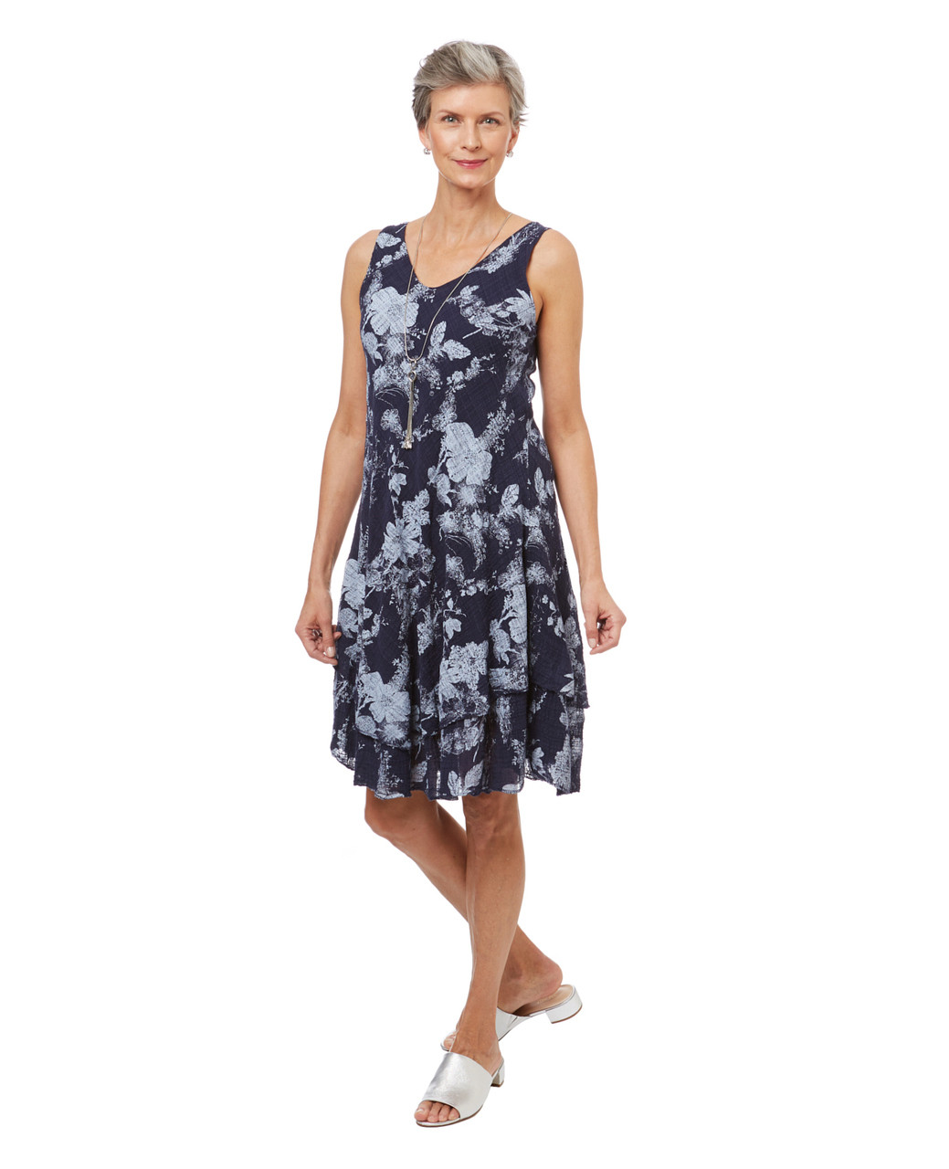 Women's flowy a line dress in a navy floral print.