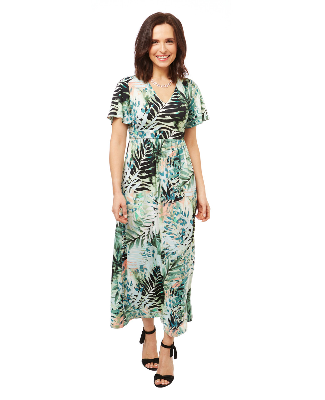 Women's kimono style maxi dress in a tropical moss green print.