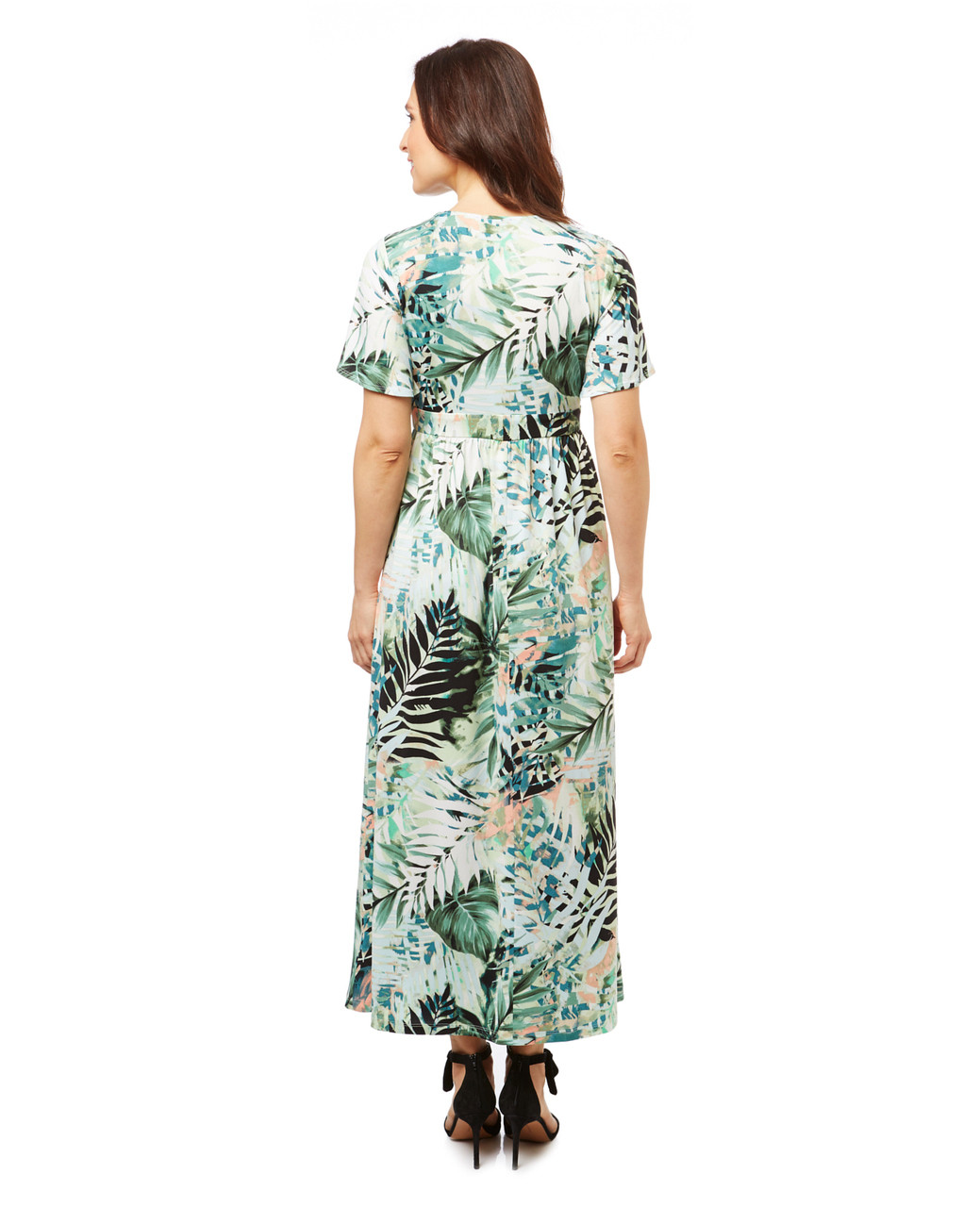 Women's kimono style maxi dress in a tropical moss green print.