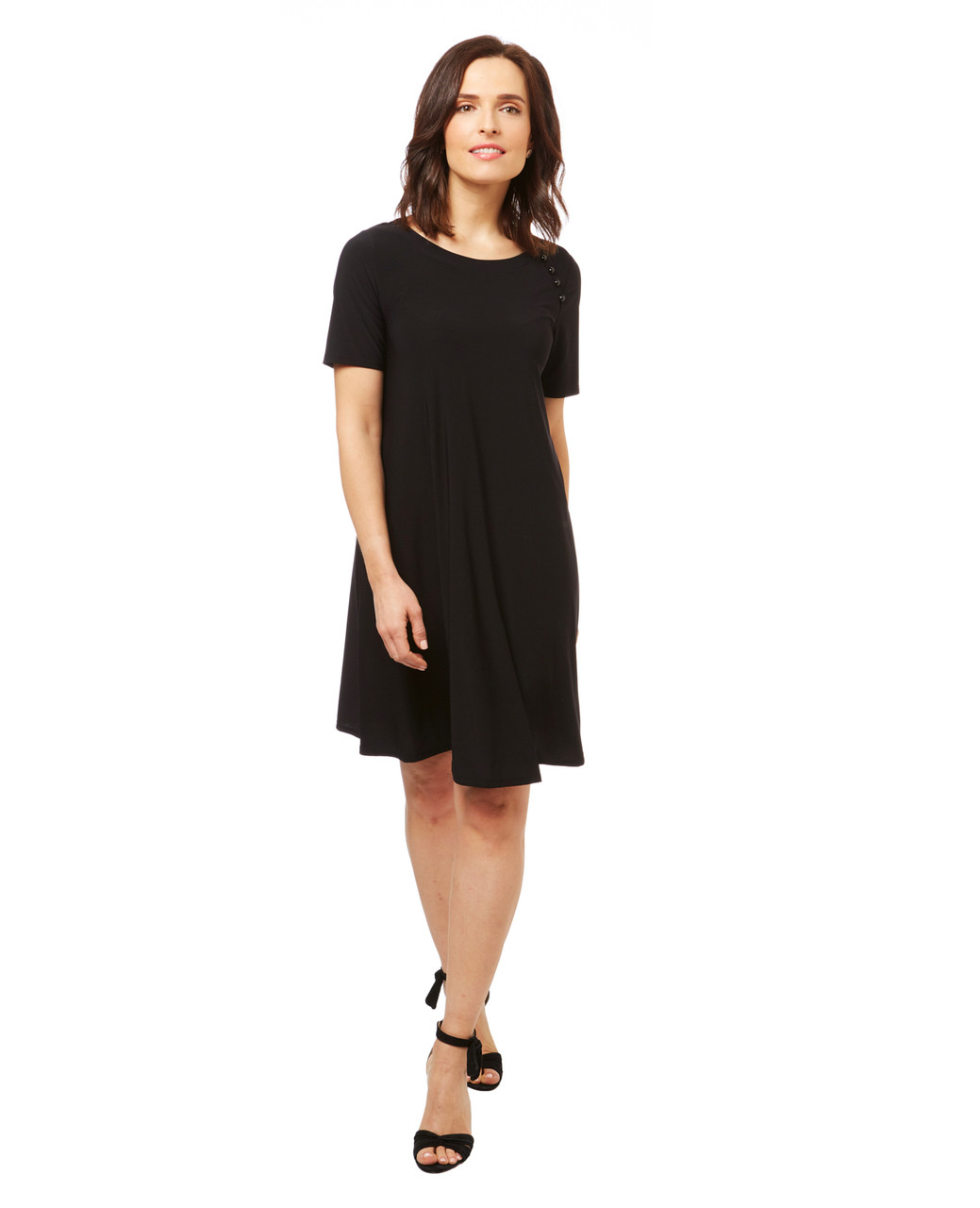 Women's black short sleeve t shirt dress with a button accent.