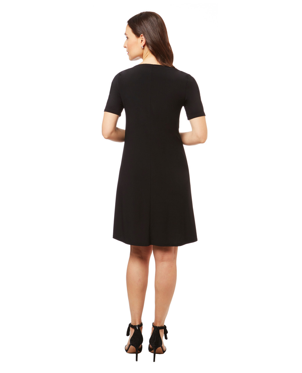 Women's black short sleeve t shirt dress with a button accent.