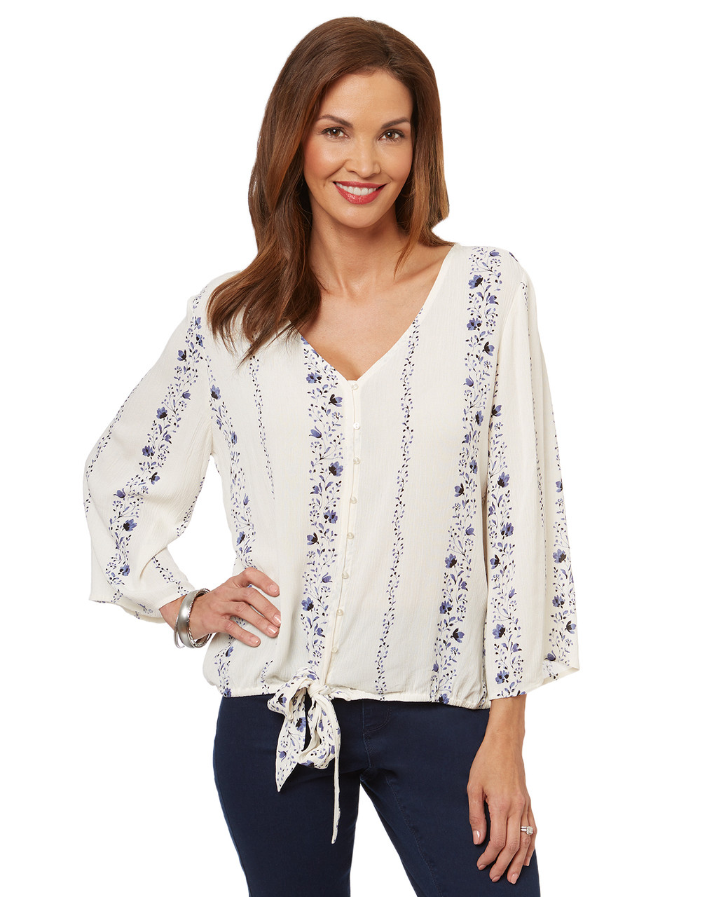Women's floral tie-front blouse with a flowy boho look.