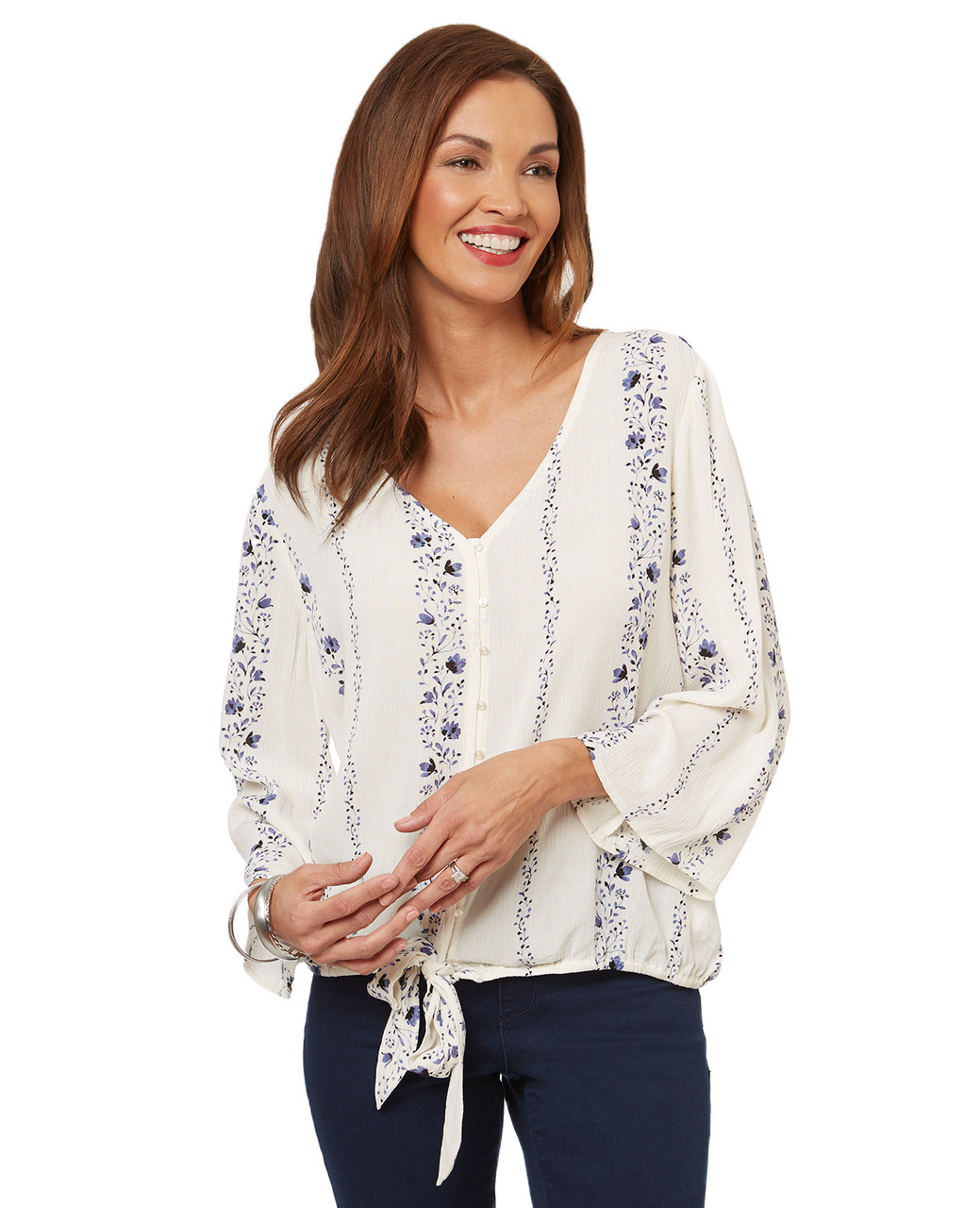 Women's floral tie-front blouse with a flowy boho look.